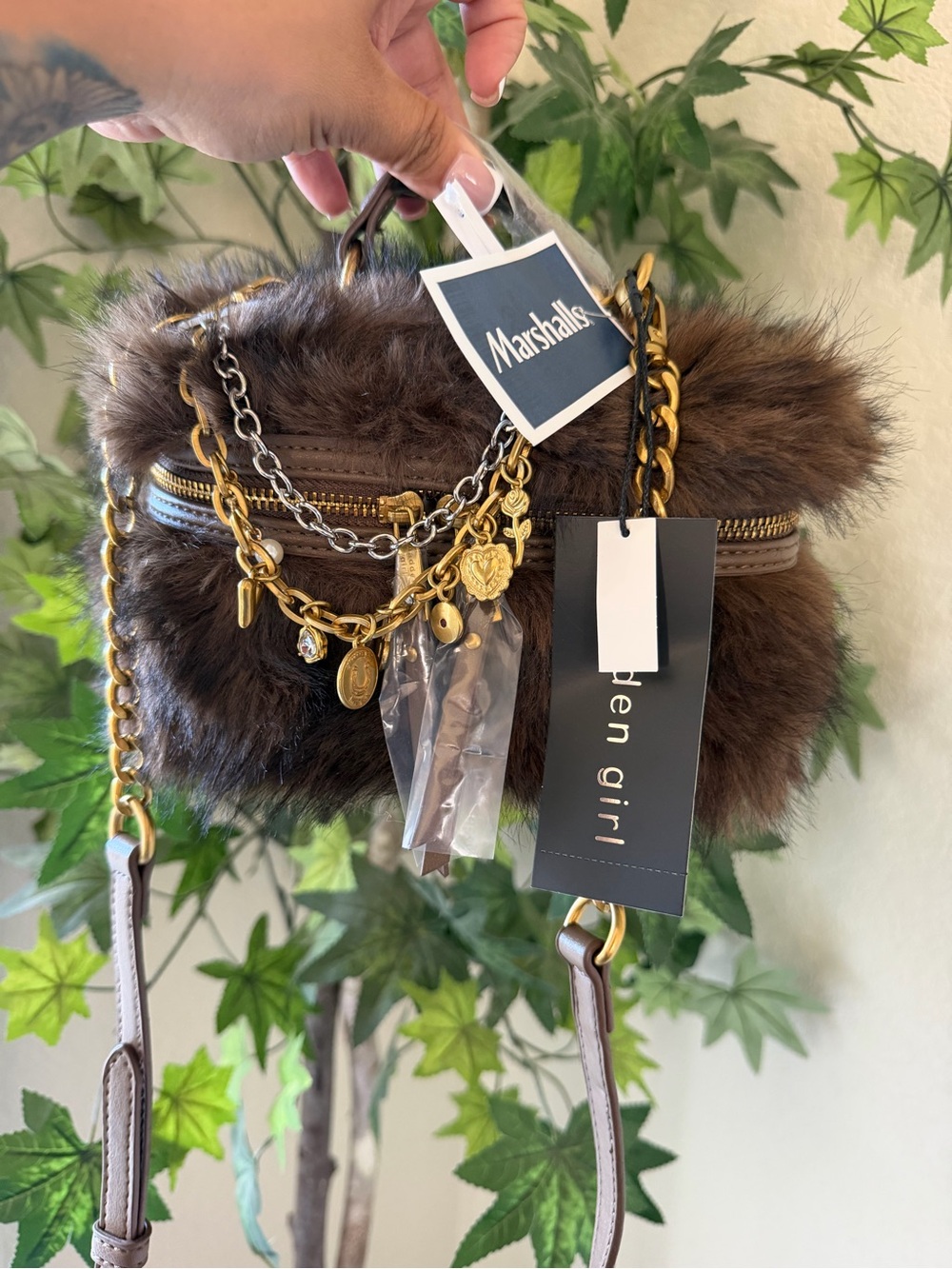Madden Girl Brown Faux Fur Crossbody with Gold & Silver Charm Chains